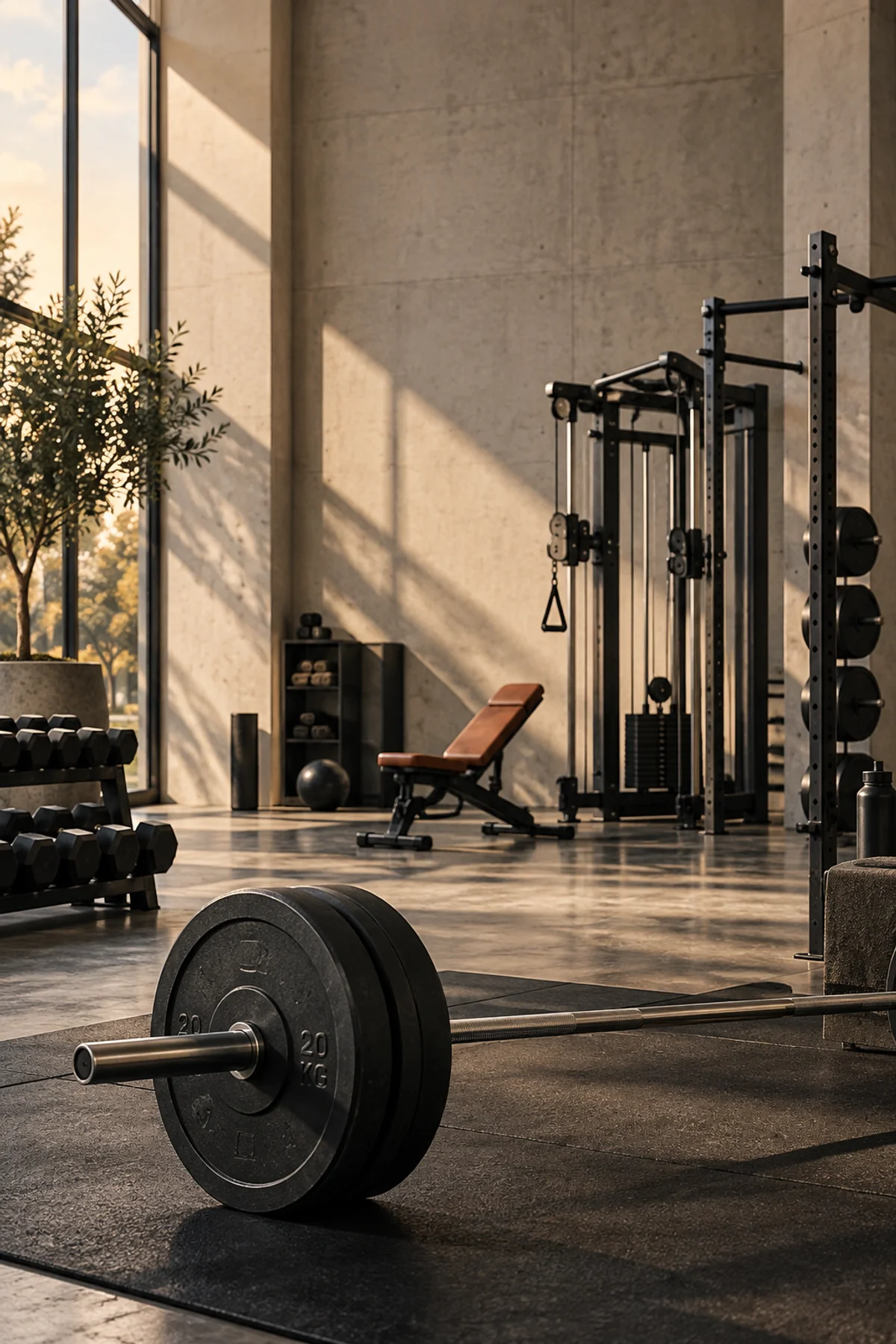 Sunlight falling across a quiet strength-training studio
