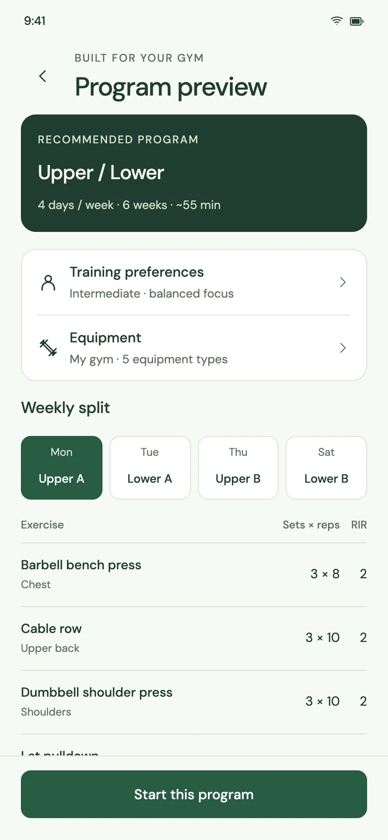 A recommended Upper / Lower program built around five confirmed equipment types