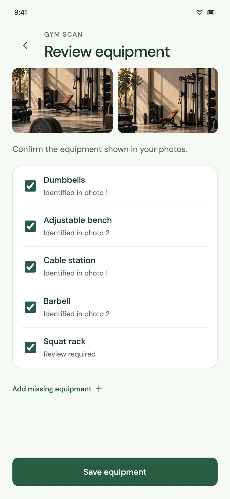 Gym photo results identifying dumbbells, an adjustable bench and a cable station for review