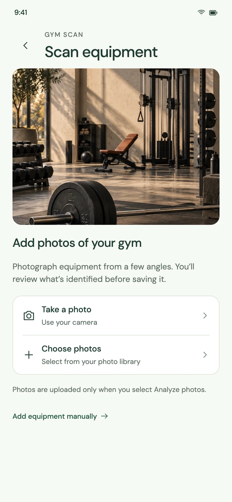 Gym scanning with options to take equipment photos or choose existing photos