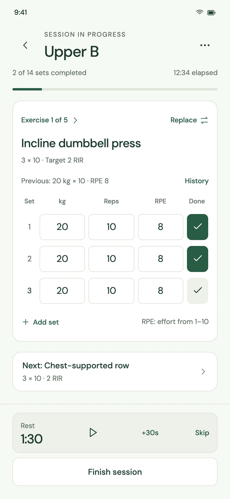 Workout logging with incline dumbbell press weights, reps, effort and a rest timer